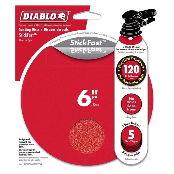 Diablo 6 in. Ceramic Blend Adhesive ROS Sanding Disc 120 Grit Fine 5 pk DCD060120P05G